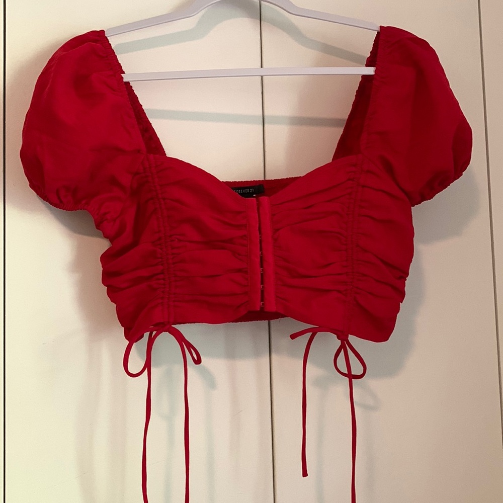 Forever 21 red puff sleeve tie detail top